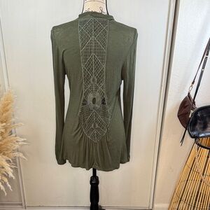 Anthropologie Robin K Olive Green Cardigan  w/ Intricate Back Design size Medium